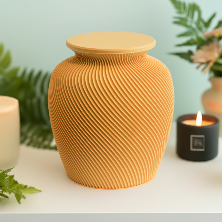 Elm cremation urn in Mustard Yellow